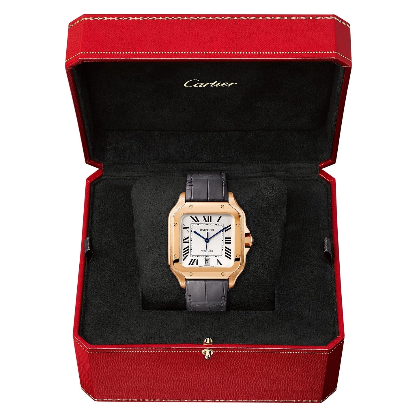 Santos de Cartier Large Model | 40mm, 18K Rose Gold, Alligator Leather, Silver Dial
