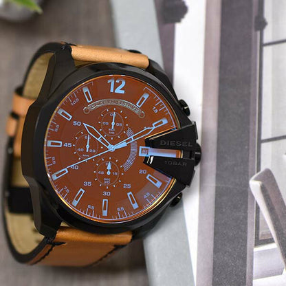Diesel DZ4476 Mega Chief Chronograph Men's Watch – Black Dial & Brown Leather Strap