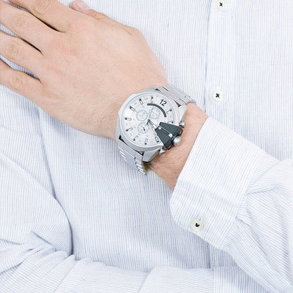 Diesel DZ4501 Mega Chief Chronograph Men's Watch – Silver Dial & Silver Stainless Steel Strap