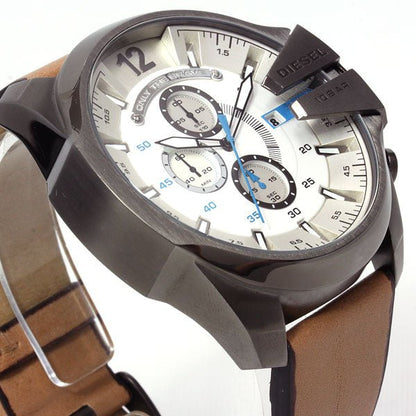Diesel DZ4280 Mega Chief Chronograph Men's Watch – White Dial & Brown Leather Strap