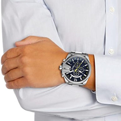 Diesel DZ4465 Mega Chief Chronograph Men's Watch – Blue Dial & Silver Stainless Steel Strap