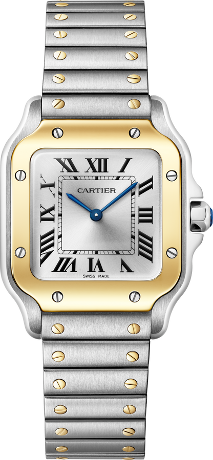 Santos De Cartier Watch | 27mm, Two-Tone Steel & 18K Yellow Gold, Steel, Silver Dial