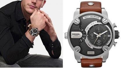 Diesel DZ7264 SBA Dual Time Men's Watch – Black Dial & Brown Leather Strap