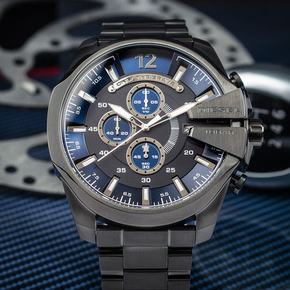 Diesel DZ4329 Mega Chief Chronograph Men's Watch – Blue Dial & Black Stainless Steel Strap