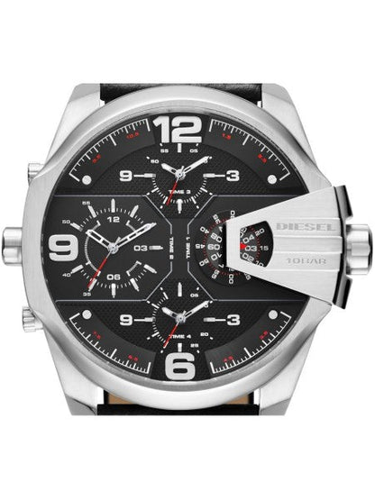 Diesel DZ7376 Uber Chief Oversized 4-Time Men's Watch – Black Dial & Black Leather Strap