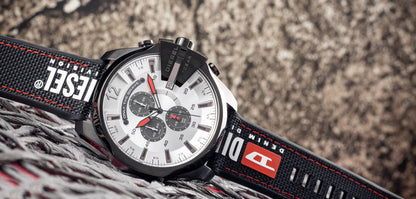 Diesel DZ4512 Mega Chief Chronograph Men's Watch – Silver Dial & Black Leather Strap