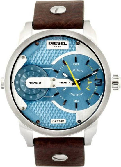Diesel DZ7321 Mini Daddy Chronograph Men's Watch – Light Blue Dial & Brown Leather Strap