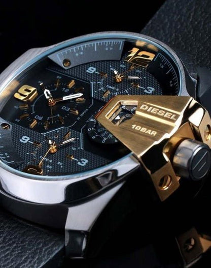 Diesel DZ7377 Uber Chief Two-Hand Men's Watch – Black Dial & Black Leather Strap